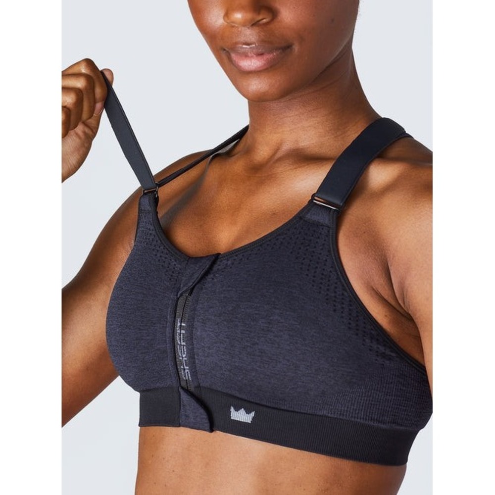SHEFIT Sports Bra Womens XL 1Luxe Low Impact Heathered Indigo Front Zip